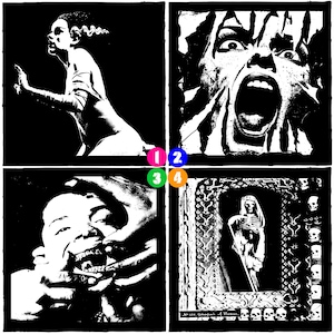 May include: A black and white collage of four horror-themed images. The images include a Bride of Frankenstein figure, a screaming face, a person's mouth being worked on, and a skeleton in a frame with skulls.
