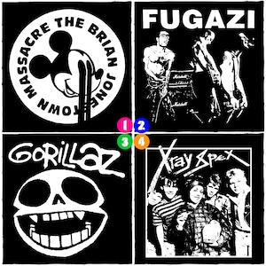 May include: Four black and white square graphics featuring band logos. The top left graphic has a Mickey Mouse silhouette with the text "Massacre The Brian Jonestown Massacre". The top right graphic says "Fugazi". The bottom left graphic says "Gorillaz". The bottom right graphic says "Xray Spex".