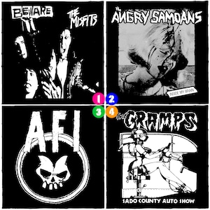 May include: Four black and white punk rock album covers. The top left features "Beware" and "The Misfits". The top right shows "The Angry Samoans" with "Inside My Brain". The bottom left displays "AFI". The bottom right shows "The Cramps" with "Sado County Auto Show".