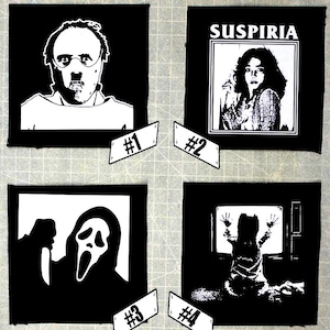 May include: Four black and white iron-on patches featuring horror movie characters. The first patch features a man with a mask, the second patch features a woman with long hair, the third patch features a masked figure holding a knife, and the fourth patch features a figure in a television screen.