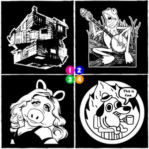 May include: Black and white graphic art featuring four panels. Top left: a house. Top right: Kermit the Frog playing a banjo. Bottom left: Miss Piggy. Bottom right: a dog in a burning room with the text "This is fine."