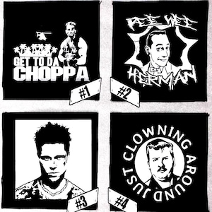 May include: Four black and white iron-on patches with different designs. The first patch features a cartoon man with the text "Get to da Choppa". The second patch features a cartoon man with the text "Pee-wee Herman". The third patch features a cartoon man with a serious expression. The fourth patch features a cartoon man with the text "Just Clowning Around".