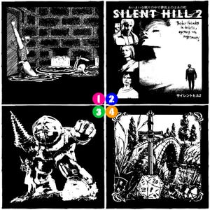 May include: Four black and white illustrations. Top left: a figure in water. Top right: "SILENT HILL 2" with text and figures. Bottom left: a robot-like figure. Bottom right: a sword, bridge, and die.