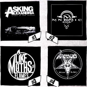 May include: Four black and white band patches with the band names "Asking Alexandria", "Mnemic", "Like Moths to Flames", and "Venom".