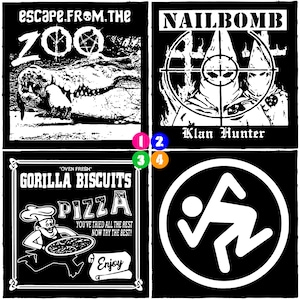 May include: Four black and white graphic designs. Top left: "escape.FROM.THE ZOO" with an alligator. Top right: "NAILBOMB Klan Hunter" with hooded figures in a target. Bottom left: "GORILLA BISCUITS PIZZA". Bottom right: a white figure in a black circle.