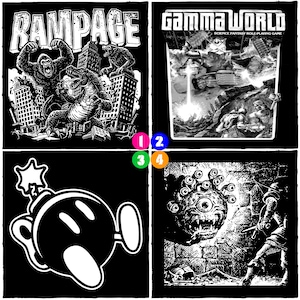 May include: Four black and white graphic designs on a black background. The designs include a cityscape with a gorilla, dinosaur, and wolf, a science fiction role-playing game cover, a cartoon bomb, and a monster with a sword-wielding figure.