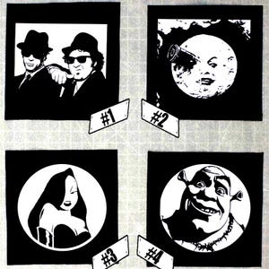 May include: Four black and white images with a white circle in the center of each. The first image shows two men in hats. The second image shows a face in the moon. The third image shows a cartoon character with long hair. The fourth image shows a green ogre.
