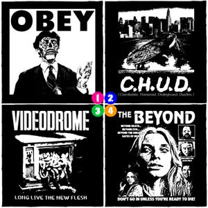 May include: Four black and white movie posters. The top left poster says "OBEY" with a zombie-like figure. The top right poster says "C.H.U.D." with a cityscape. The bottom left poster says "VIDEODROME". The bottom right poster says "THE BEYOND".