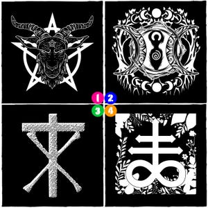 May include: Four black and white occult symbols on a black background. The symbols include a goat head inside a pentagram, a triple moon symbol, a cross-like symbol, and a Leviathan cross surrounded by foliage.
