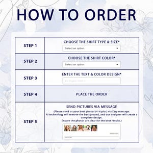 May include: A graphic with instructions on how to order a custom shirt. The steps include choosing the shirt type and size, color, entering text and design, and placing the order. The final step is to send pictures via message.