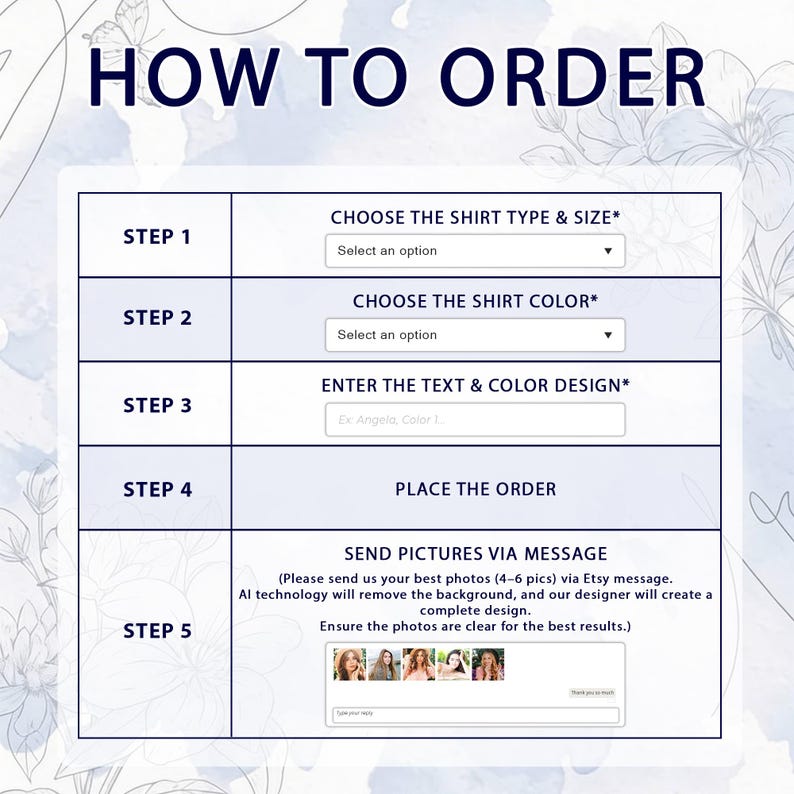 May include: A graphic with instructions on how to order a custom shirt. The steps include choosing the shirt type and size, color, entering text and design, and placing the order. The final step is to send pictures via message.