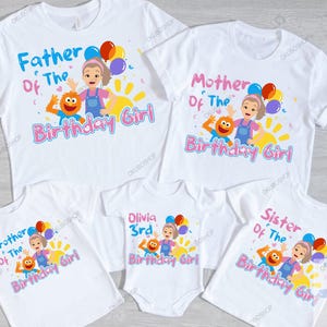 May include: White family birthday shirts with colorful graphics. Designs include "Father of the Birthday Girl," "Mother of the Birthday Girl," "Brother of the Birthday Girl," "Sister of the Birthday Girl," and a onesie with "Olivia 3rd Birthday Girl."