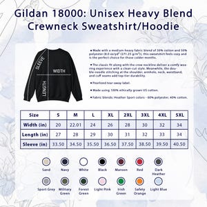 May include: Black unisex heavy blend crewneck sweatshirt/hoodie. The image shows a size chart with measurements in inches and color options. The sweatshirt is made of a cotton and polyester blend. The text "Gildan 18000" is at the top.