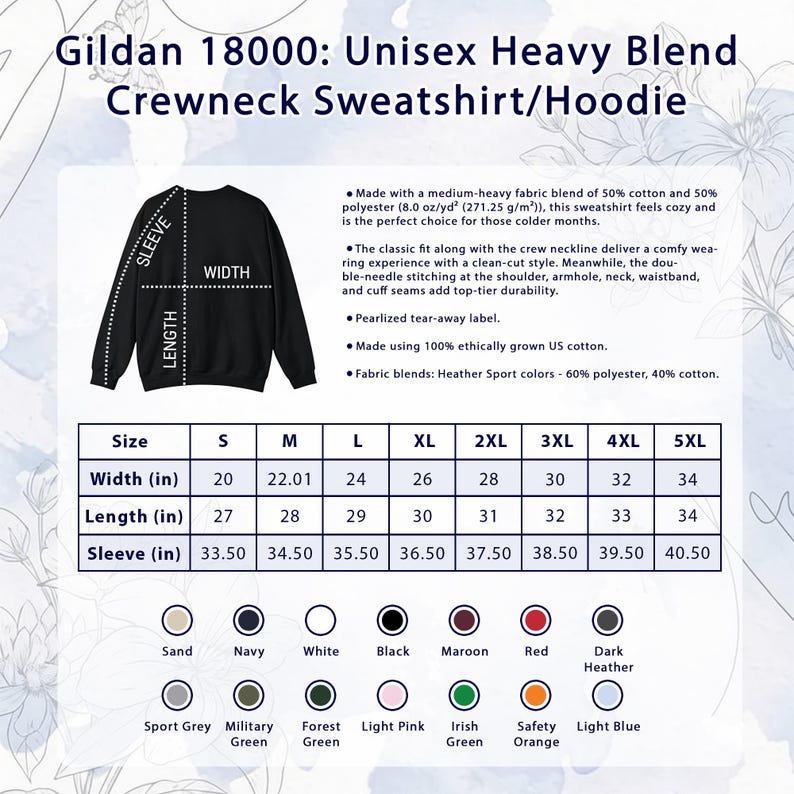 May include: Black unisex heavy blend crewneck sweatshirt/hoodie. The image shows a size chart with measurements in inches and color options. The sweatshirt is made of a cotton and polyester blend. The text "Gildan 18000" is at the top.