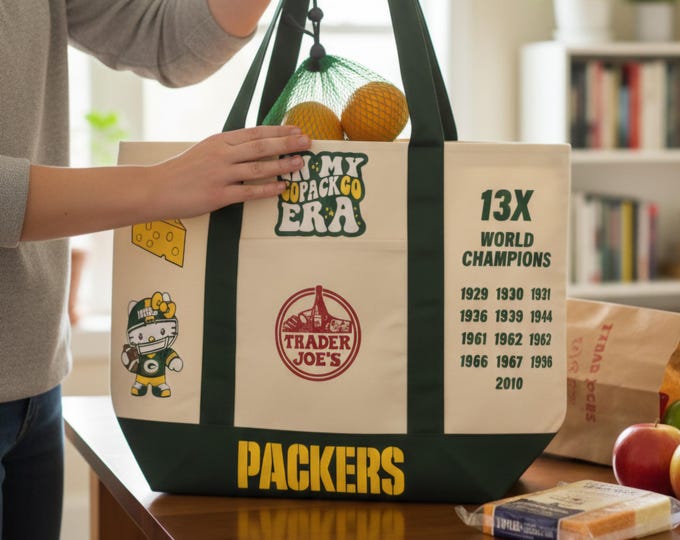 Featured listing image: Trader Joe's "Green Bay Football" Kawaii Kitty Large Green Tote Bag.