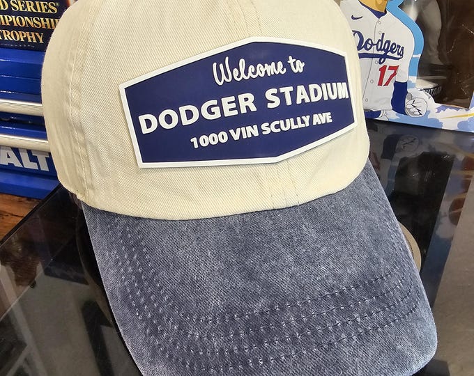 Featured listing image: Custom Cream/Denim "Dodger Stadium" Dad Hat. One Size Fits All.