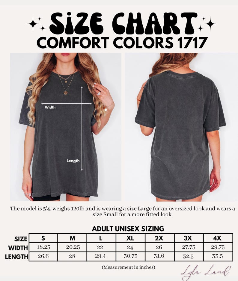 Peut inclure: Tableau des tailles pour t-shirts unisexes des tailles S &agrave; 4X. Le tableau indique les mesures de largeur et de longueur en pouces pour chaque taille. Le mannequin porte un t-shirt taille L.