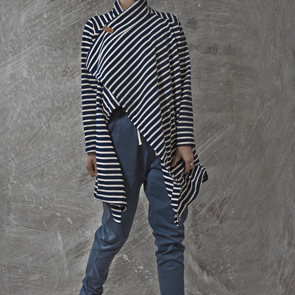 ON SALE 40% off! Japanese inspirited blue stripes multiway to wear top with camel leather pin - JapanSweater