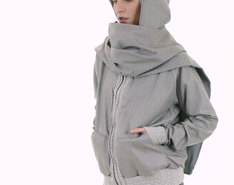 HOODED SCARF, winter accessorize, grey hoody, grey scarf, woman hoody, woman winter fashion, grey strips scarf