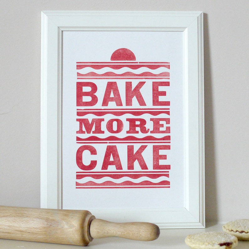 Vintage Bake More Cake Letterpress Print Red Red