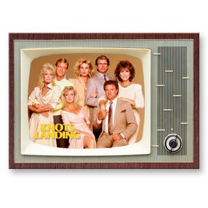 Puede incluir: Un televisor vintage enmarcado con una foto del elenco de la serie de televisión "Knots Landing". La imagen muestra a un grupo de personas con vestimenta de la década de 1980. El televisor tiene un marco marrón y una pantalla color crema.