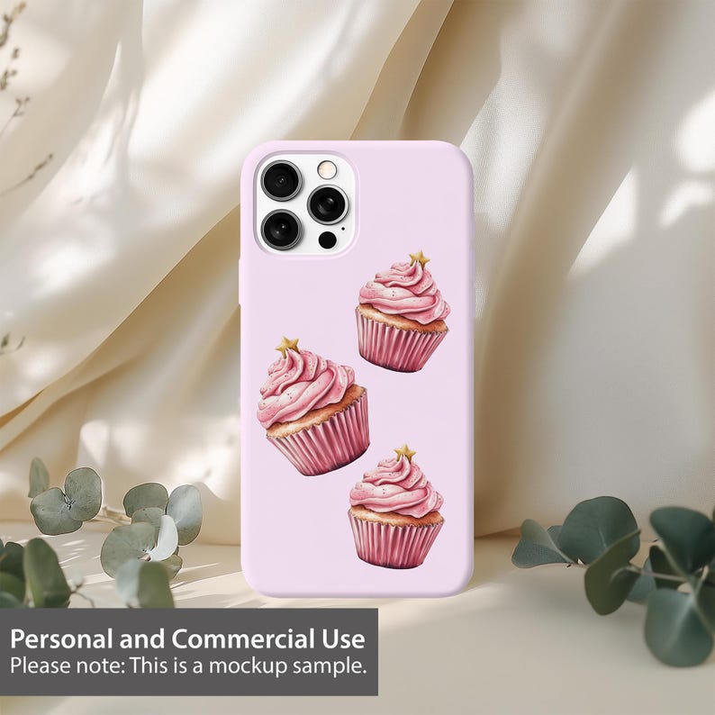 May include: A pink phone case with a design of three pink cupcakes with white frosting and gold sprinkles. The phone case has a camera cutout and a white background.