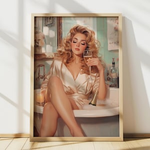 May include: A woman in a white robe relaxes in a bathtub filled with bubbles, holding a glass of champagne. A bottle of champagne is partially submerged in the water. The scene is set in a bathroom with a vintage aesthetic.