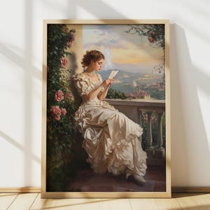 Arte de pared de balcón victoriano, decoración vintage, impresión de mujer fumando leyendo una carta de amor, retrato antiguo, póster retro divertido de pintura al óleo