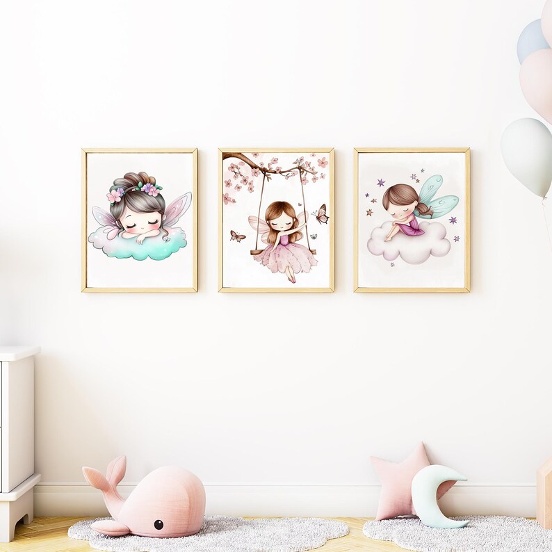 Fairy Nursery Decor, Set of 3 Watercolor Fairies Cloud Swing Wall Art ...