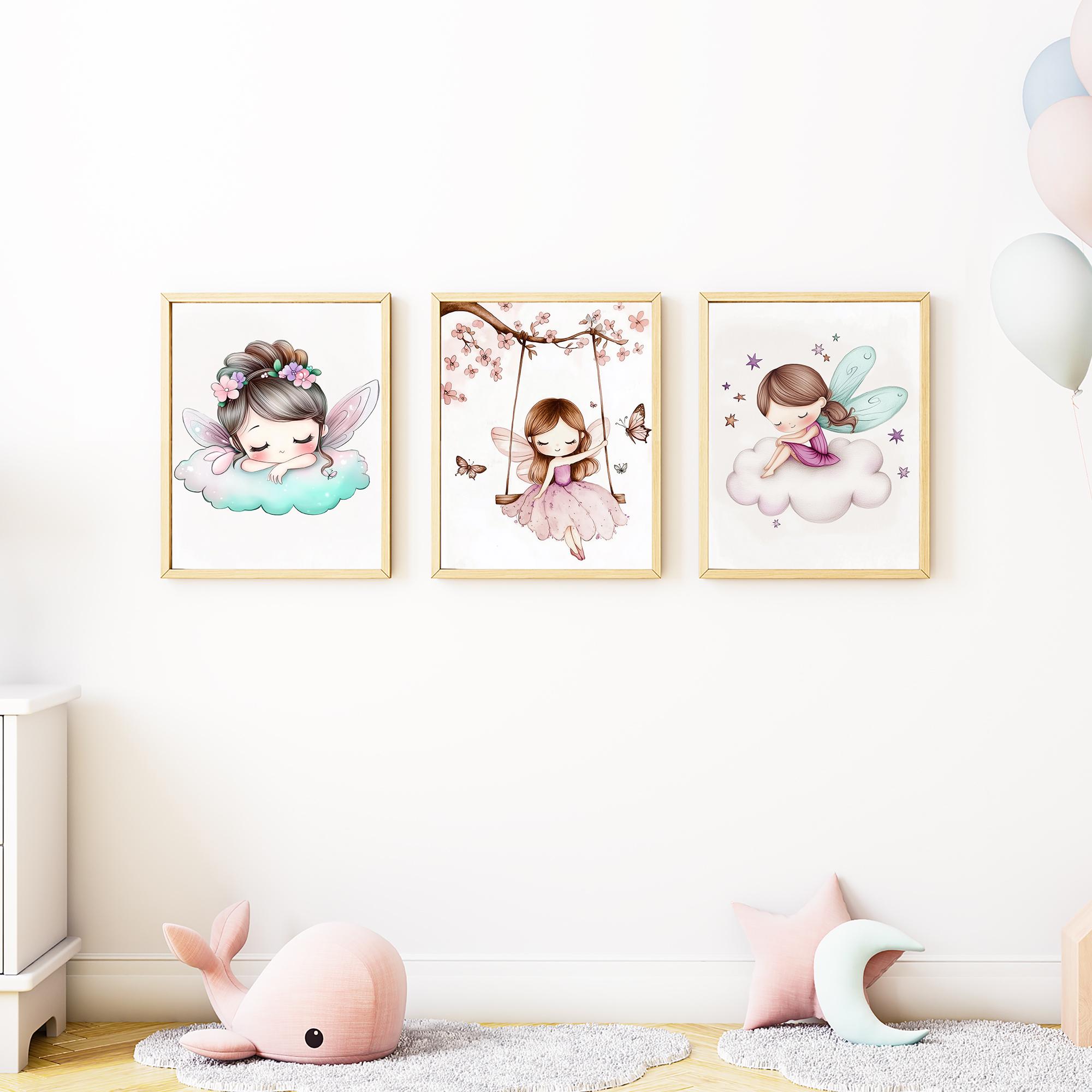 Fairy Nursery Decor, Set of 3 Watercolor Fairies Cloud Swing Wall Art ...