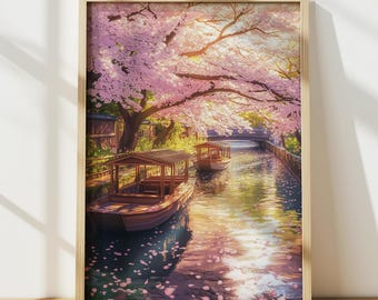 Cherry Blossom Art, Japanese Wall Art, Japanese Decor, Japanese River Art, Travel Poster, Japan Print, Digital Print, Printable Wall Art