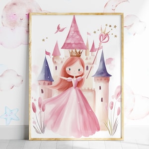 Pink Princess Castle Wall Art, Nursery Decor, Watercolor Chibi Nursery Prints, Fairy Tale Girls Kids Room Poster, Digital Printable Wall Art