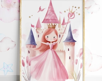 Arte de parede Castelo de Princesa Rosa, Decoração para Quarto de Bebê, Impressões Chibi em Aquarela para Quarto de Bebê, Pôster de Conto de Fadas para Quarto Infantil de Meninas, Arte de Parede Digital para Imprimir