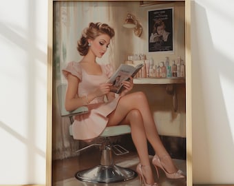 1960s Woman at Hair Salon Wall Art, Vintage Poster, Beauty Parlor Decor, Vintage Print Oil Painting, Room Printable Wall Art Gift