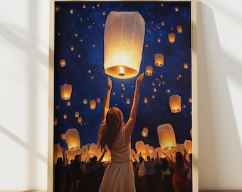 Lantern Festival Print, Lantern Painting Wall Art, Starry Night Oil Painting, Coquette Girly Room Decor, Digital Print, Printable Wall Art