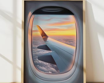 Travel Poster, Travel Art Print, Travel Wall Art, Airplane Window Seat Decor, Plane Wing Sunset Poster, Digital Print, Printable Wall Art