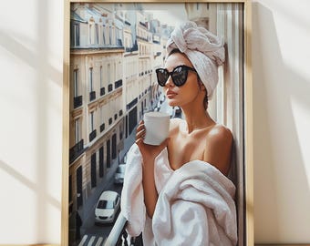 Parisian Morning Wall Art, Paris France Print, French Coffee Poster, Woman in Balcony Watercolor Painting, Aesthetic Girl Room Home Decor