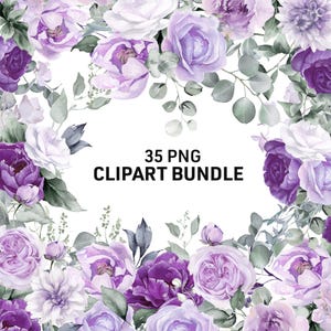 Clipart floral morado, rosas acuarelas, peonías y vegetación PNG, borde de ramo de flores de peonía violeta y lavanda, clip art para invitación de boda