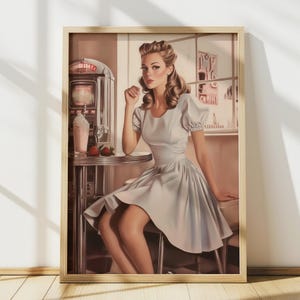 1950s Woman at Ice Cream Parlor Wall Art, Vintage Poster, 50s Diner Decor, Vintage Art Print Oil Painting, Digital Print, Printable Wall Art
