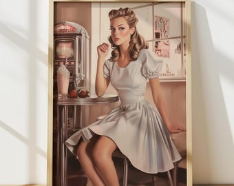 1950s Woman at Ice Cream Parlor Wall Art, Vintage Poster, 50s Diner Decor, Vintage Art Print Oil Painting, Digital Print, Printable Wall Art