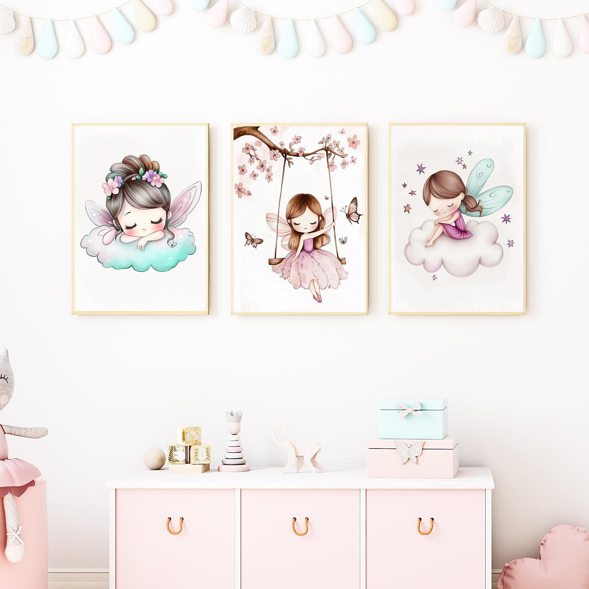 Fairy Nursery Decor, Set of 3 Watercolor Fairies Cloud Swing Wall Art ...
