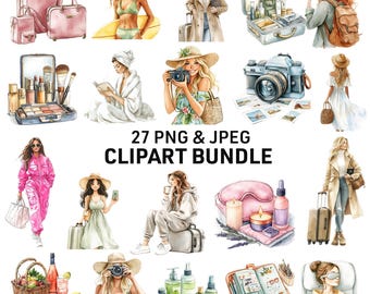 Travel Watercolor Clipart, PNG JPG Planner Sticker Summer Vacation Journal, Self Care Art Print Fashion Girl Scrapbook Clip Art DIgital