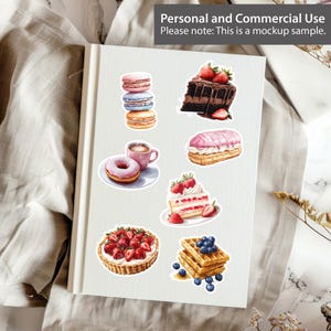 May include: A set of nine watercolor stickers featuring various sweet treats, including a chocolate cake, macarons, a donut, a pastry, a cake with strawberries, a tart with strawberries, waffles with blueberries, and a cup of coffee.