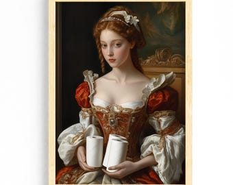 Funny Bathroom Wall Art, Renaissance Bathroom Decor, Vintage Print, Retro Lady Holding Toilet Paper Print, Digital Print, Printable Wall Art