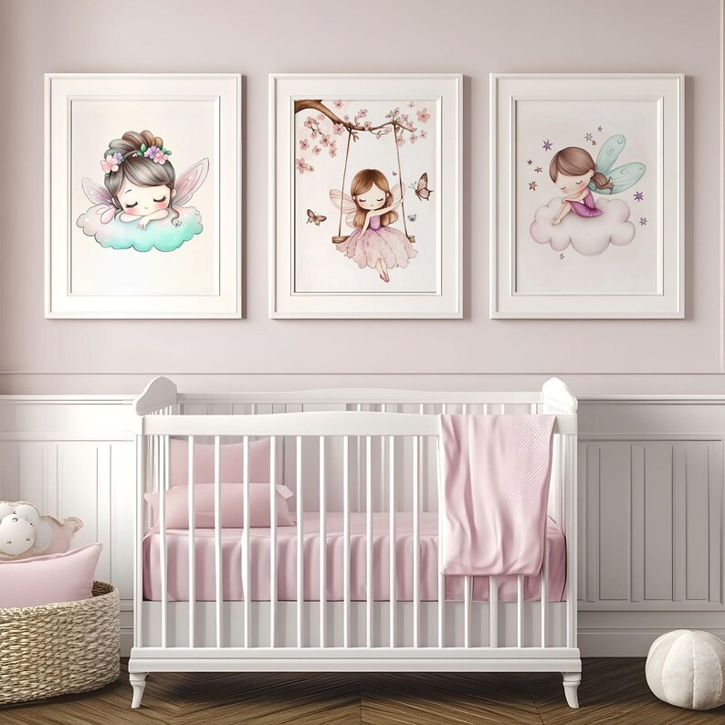 Fairy Nursery Decor, Set of 3 Watercolor Fairies Cloud Swing Wall Art ...