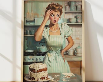50s Funny Kitchen Wall Art, Retro Housewife Cake Baking Disaster Print, Vintage Baker Poster Decor, Digital Print, Printable Wall Art