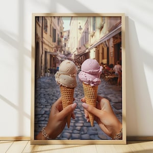 Italian Gelato Wall Art, Ice Cream Print, European Travel Poster, Summer Street Scene Photography, Gelato Cone Aesthetic Kitchen Art Decor