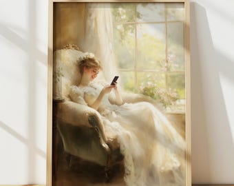 Arte de pared con teléfono de mujer vintage, decoración de retrato antiguo, impresión tecnológica moderna con mensajes de texto victorianos divertidos, póster de pintura al óleo retro divertido imprimible