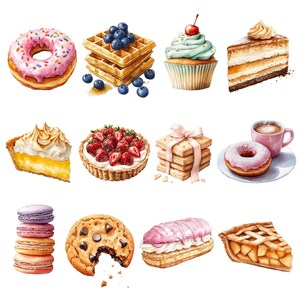 May include: Assortment of sweet treats including a pink frosted donut, a lemon meringue pie, a strawberry tart, a chocolate chip cookie, a pastry with pink frosting, a fruit pie, a stack of shortbread cookies, a donut with pink frosting, a coffee cup, and a waffle with blueberries.