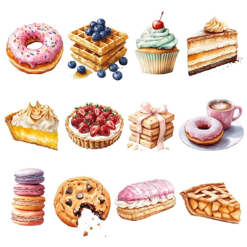 May include: Assortment of sweet treats including a pink frosted donut, a lemon meringue pie, a strawberry tart, a chocolate chip cookie, a pastry with pink frosting, a fruit pie, a stack of shortbread cookies, a donut with pink frosting, a coffee cup, and a waffle with blueberries.